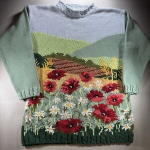 Vtg Jumper Hand Knit Wmn's Landscape Design Hills & Poppies Cottagecore Scenic M
